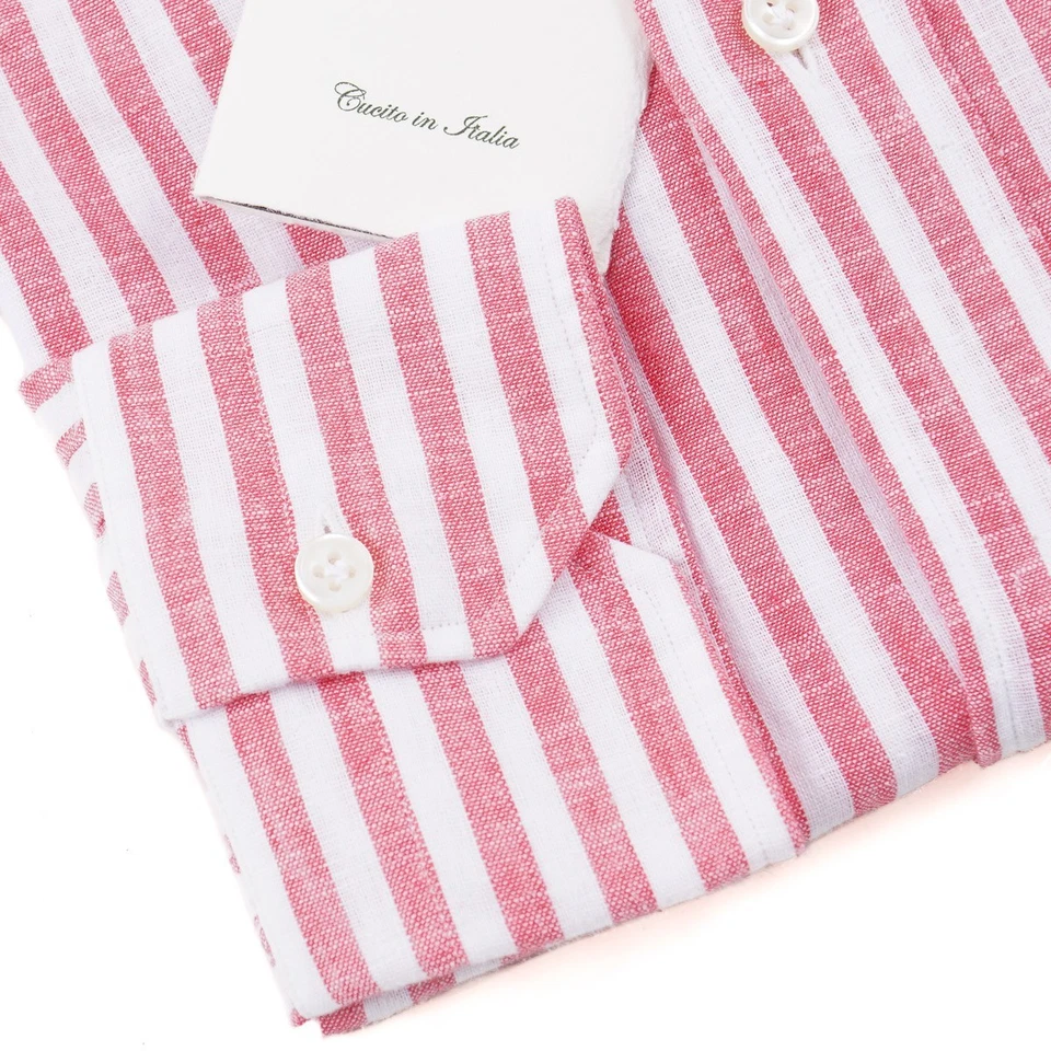 Camisa de vestir Luigi Borrelli ajustada a rayas frambuesas lino-algodón 15,5 nueva con etiquetas Foto 2 de 4