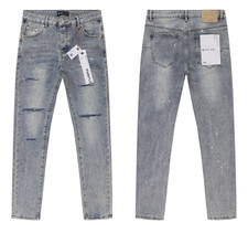 Fashion Washed Blue Purple Brand Men's Personality Paint Splatter Slim Fit Jeans
