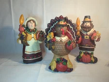 2002 Roman Inc. Pilgrim Couple & Turkey Thanksgiving Lighted Figurines Set 12"