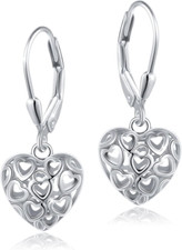 925 Sterling Silver Heart Dangle Drop Leverback Clasp Earrings for Women