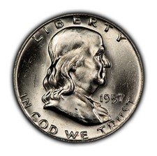 1957-D 50c Franklin Silver Half Dollar - Strong Strike - BU - SKU-H2821