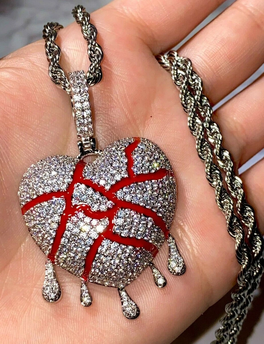 Men s Silver Iced BLEEDING Dripping Blood Broken Heart Icy Pendant Rope Necklace