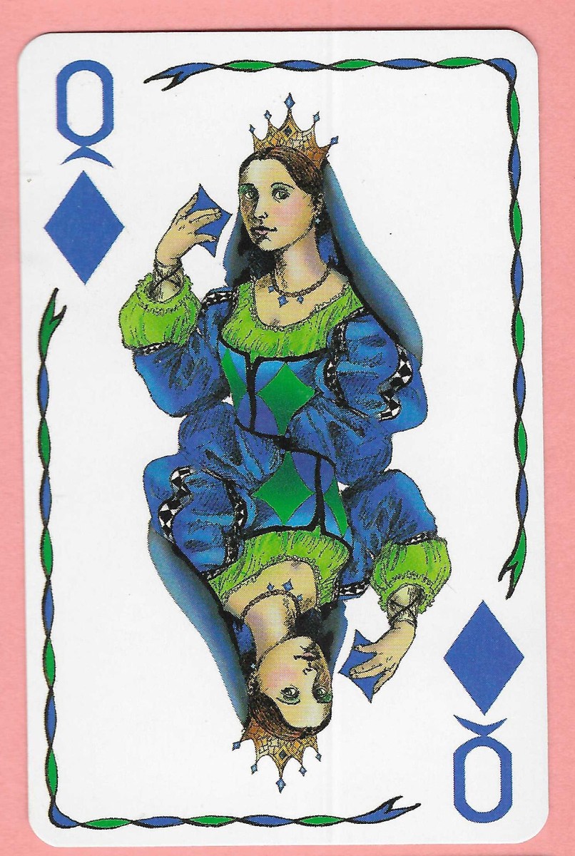 Five Crowns playing card, Queen of Diamonds, blue, single swap