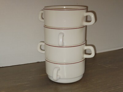 Vintage Arcopal France Stacking Consommé Soup Bowl 4 each Milk Glass Handled