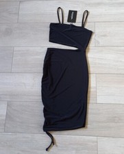 Pretty Little Thing Black Stretch Side Cut Out Strappy Dress Side Pull Tie UK6