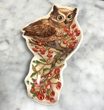 VTG Cracker Barrel Pottery Owl Cherries Spoon Rest Holder