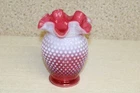 (CW) Fenton® Double Crimped Ruffle Hobnail Opalescent Cranberry Pink Glass Vase