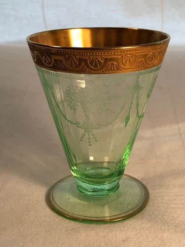 Green Footed Tumbler Etched Flower Basket 3.5 Inch Depression Glass