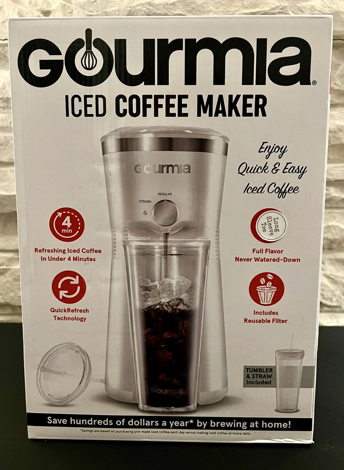 Gourmia Iced Coffee Maker with 25 fl oz. Reusable Tumbler, White NIB