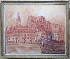Léon Jacquier Dessin fusain crayon craie Abbaye Saint Germain Auxerre Yonne Port