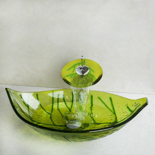 Bathroom Tempered Glass Green Leaves Vessel Basin Sink With Waterfall Taps Set - Picture 9 of 12