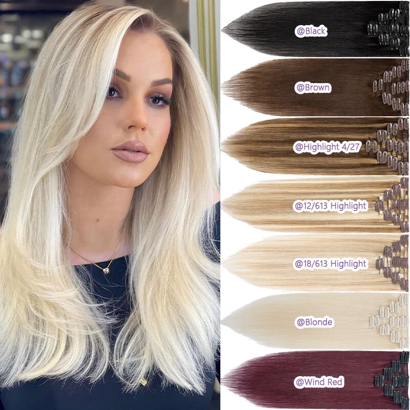 Extensiones de cabello humano 100 % real con clip de Estados Unidos cabeza completa resaltado 18" 20" 22" Foto 3 de 4