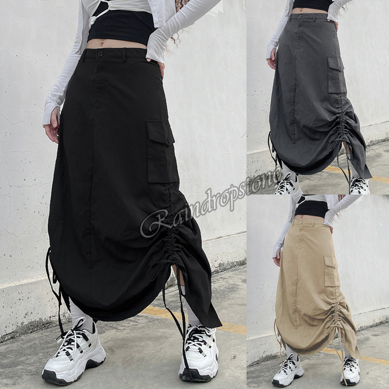 Women Cargo Maxi Skirt Hiking Irregular Drawstring Retro