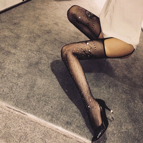 Women Sexy Crystal Stud Fishnet Garter Body Stockings Lace Jacquard Pantyhose - Picture 2 of 7