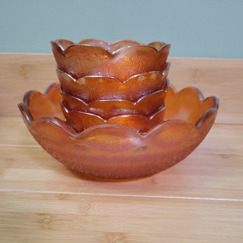 Jeannette Iridescent Carnival Glass Scalloped Edges Berry Fruit Bowl Set 6 Pcs - Picture 11 of 12