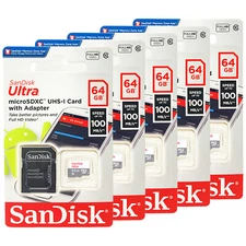 SanDisk Ultra MicroSD 64GB UHS-I Class 10 Card W/Adapter 100Mb/s Lot of 5 Pack