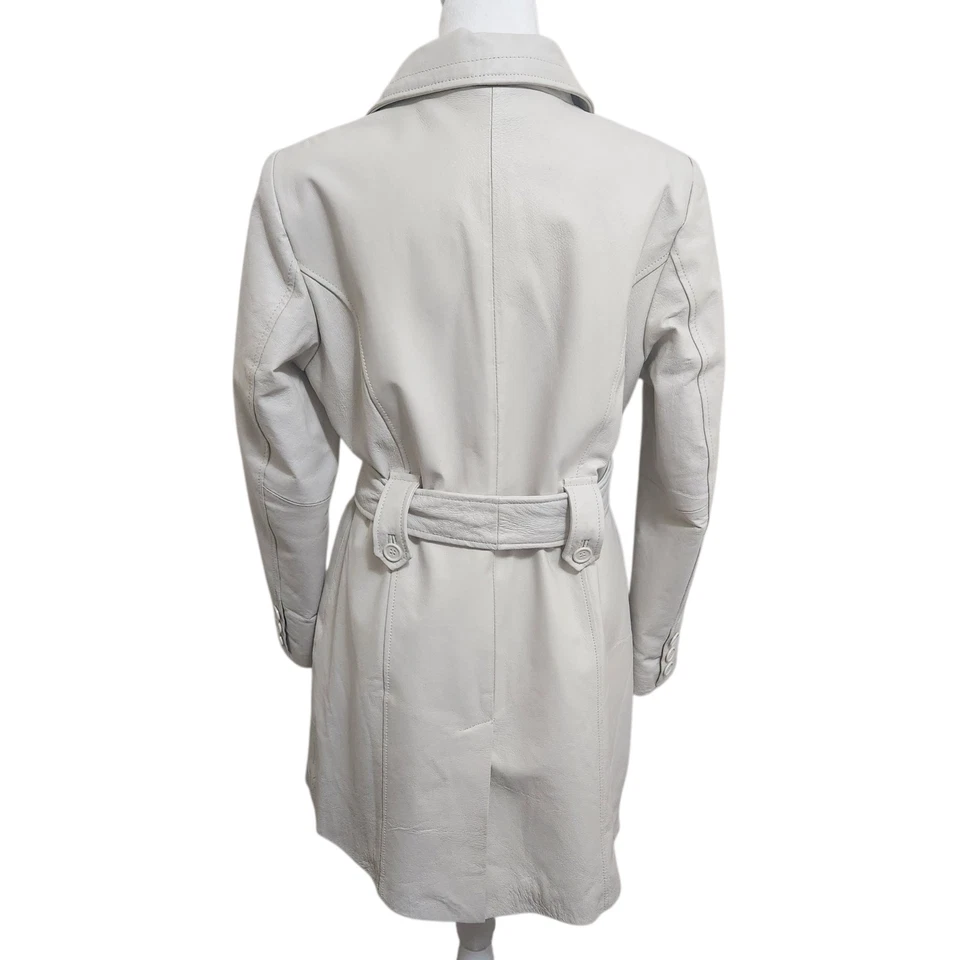 Chaqueta Metro Estilo Cuero Genuino Marfil Crema Mujer 12 Cinturón Envoltura Foto 2 de 4