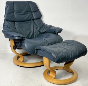 Ekornes Stressless Large RENO Blue / Green Leather Swivel Recliner Chair Ottoman