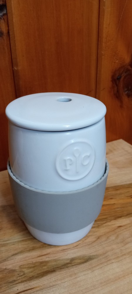 Pampered Chef Ceramic Egg Cooker with Silicone Sleeve in White Gray #1529 EUC