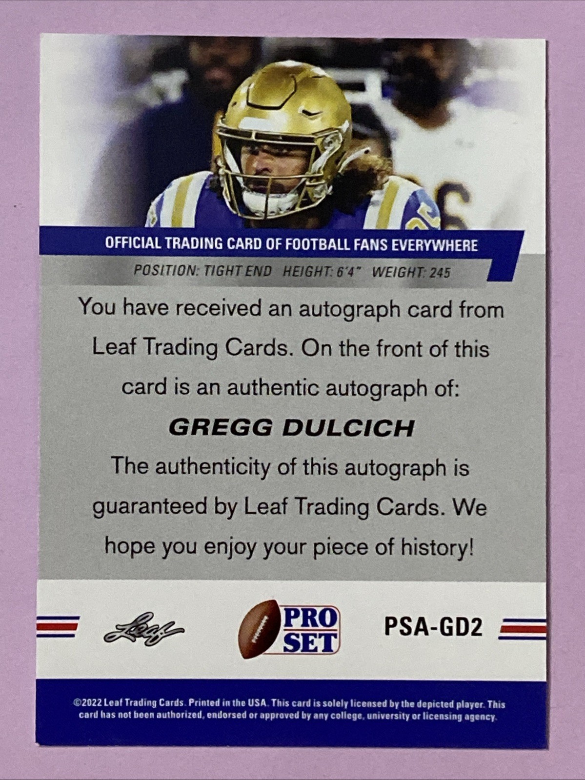 2022 Leaf Pro Set Draft Auto Gregg Dulcich #PSA-GD2 Auto RC view 6