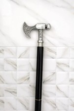 Handmade Solid Chrome Head Handle Wooden Axe Walking Stick Cane Gift