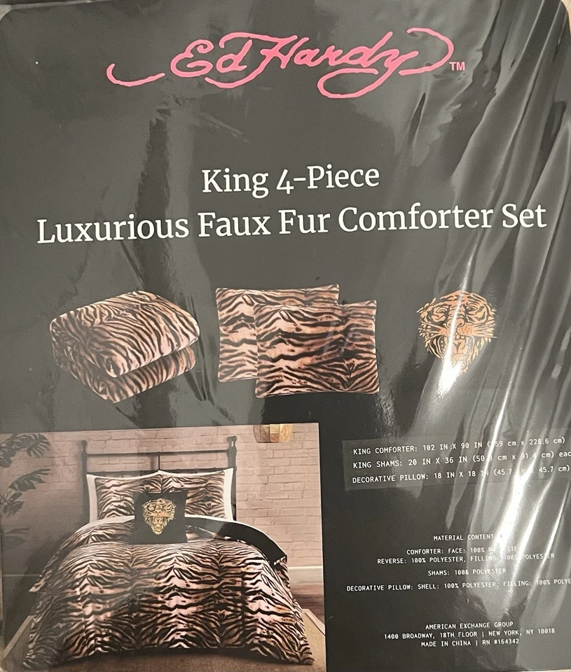 Ed Hardy King 4 Piece Luxurious Faux Fur Comforter Set Tiger Print - Image 3 of 4