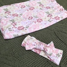 Baby Essentials Swaddle Blanket And Headband Set Soft Pink Purple Floral Newborn