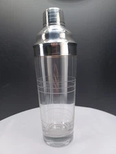 RETRO ART DECO Glass Cocktail Shaker Etched Grid Stainless Steel Rim & Cap