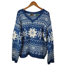Vintage 100 Wool Sweater Unisex XL Nordic Icelandic Blue Snowflake Pullover
