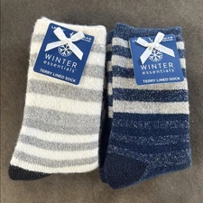 Womens Winter Essentials Terry Lined Striped Socks 1xBlue 1xWhite Size 4-10 NEW