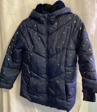 Preloved Swiss Tech Soft Hooded Puffer Jacket Size Large 14-16 Navy Polka Dots
