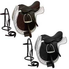 All Purpose ENGLISH SADDLE SET Headstall Reins Leathers Irons Pad  Saddle