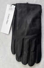 NEW Calvin Klein Men's L Black Leather Gloves Touchscreen Fleece-Lined