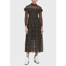 GANNI Tilden Mesh Ruffle Floral Midi Dress Size 42 Black Yellow Long Sleeve Line