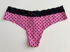 PINK Victoria's Secret Thong Panty Pink Black Polka Dot  Lace Smooth Nwt