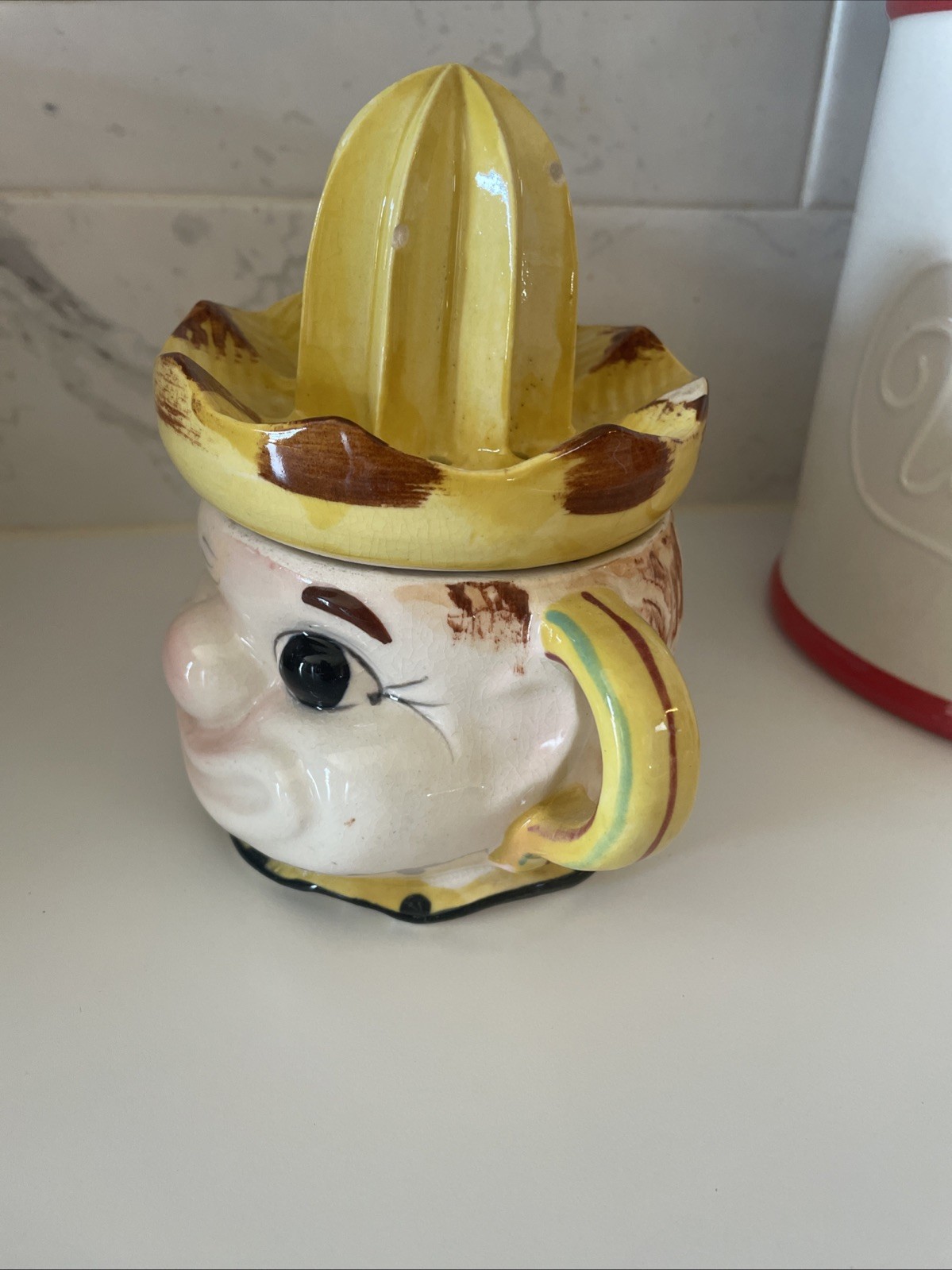 Vintage Ceramic Juicer/Reamer Yellow & Brown Man W/ Sombrero Hat 6”Tall