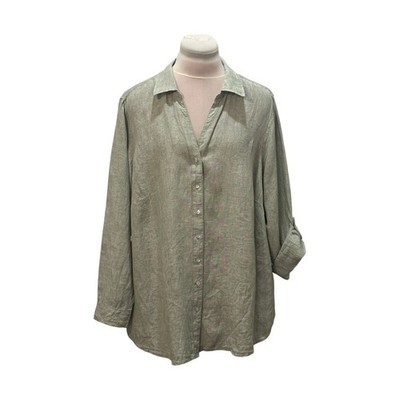 SIGRID OLSEN Sage Linen Button Up Roll tab Sleeves 1X Coastal Beach Minimalist