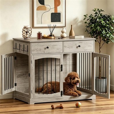 Pemberly Row 40'' Gray Dog Crate End Table with 2 Drawers in Engineered Wood