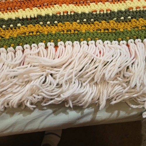 VTG Afghan Crochet Stripe Reversible Orange Green Fall Fringe Rare Pattern 49x68 - Picture 6 of 11