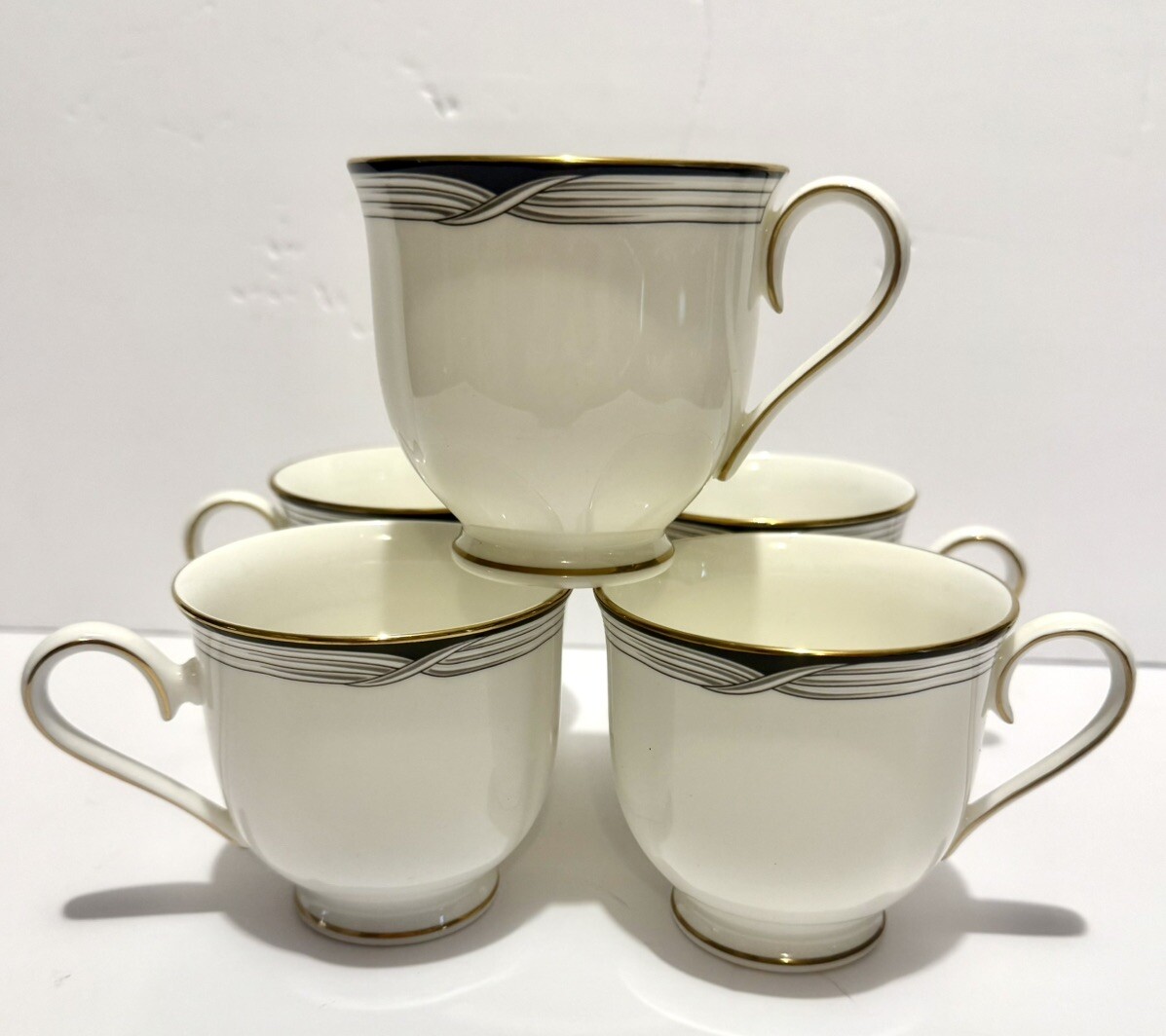 5 Lenox ERICA Debut Collection White Black Band Bone China Cups