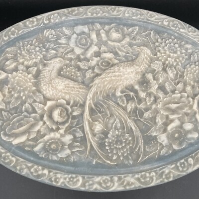 Vintage Genuine Incolay Stone Blue Peacocks Cameo Jewelry Box