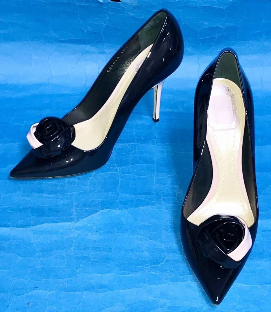 Escarpins Dior Christian Ca0415 motif floral émaillé 1/2 noir usure unique