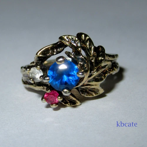 VTG Patriotic 4 July Prong Set Red White Blue Faceted Sterling Silver Gold Ring