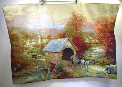 Thomas Kinkade Double-Sided Wall Tapestry COVERED BRIDGE Art Scene FALL & WINTER