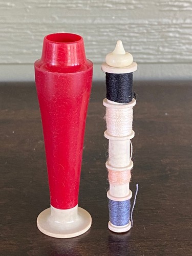 Vintage Celluloid Thread Case Spool Sewing Supply Red White - Picture 2 of 7