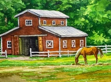 Watercolor Painting Farm Horse Country Barn Nature Summer ACEO Art