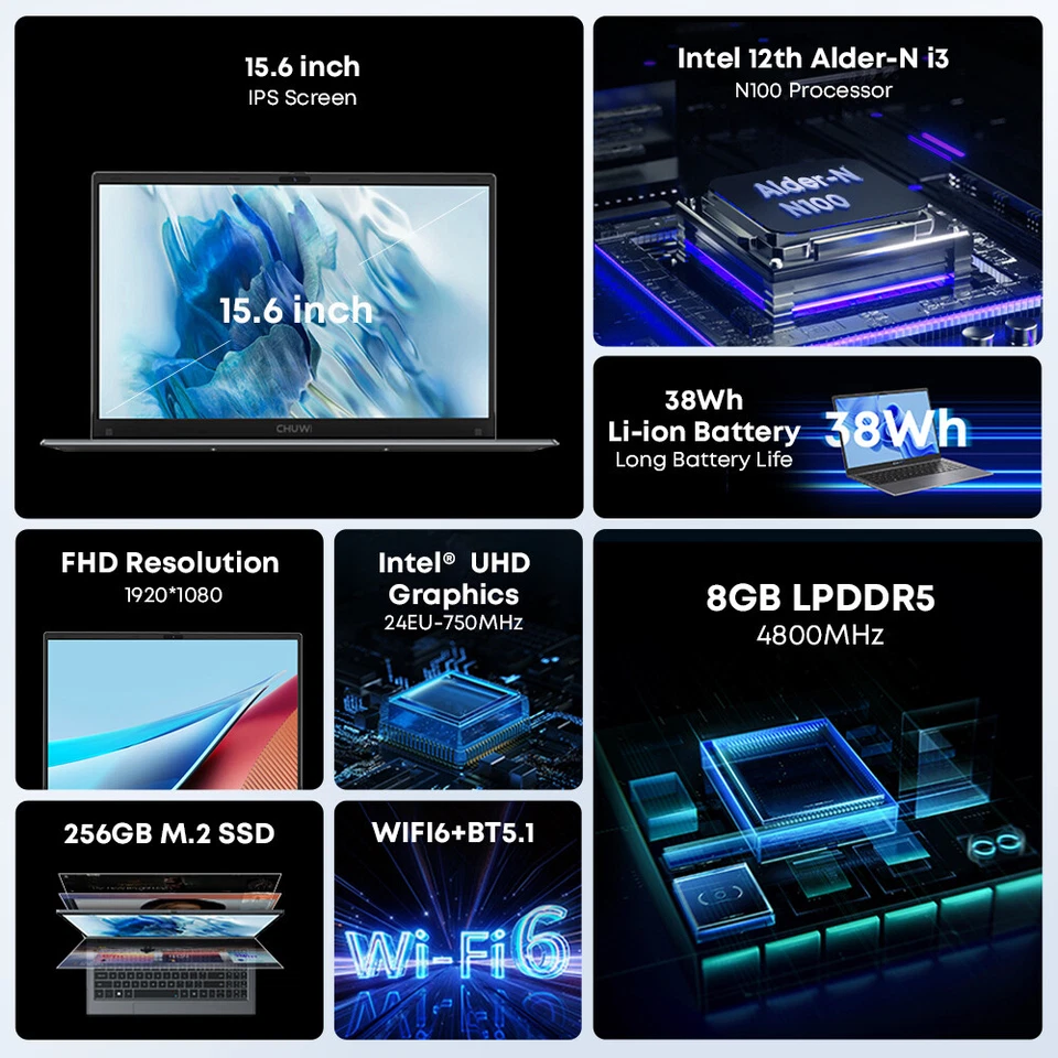 CHUWI 15.6'' GemiBook Plus Laptop Intel N100 8GB DDR5 256GB SSD Windwos 11 PC - Image 3 of 4