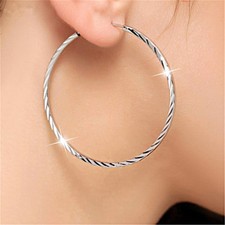 Ladies 18K White Gold Filled Tarnish-Free 50mm Large Wave Flat Hoop Earrings H4B