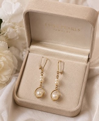 14K massiv Gold Süßwasser Perlen Ohrhänger Creolen Tropfen Braut Hochzeit echt