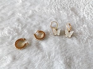 Authentic Gold Plated Earring Pair Lot: White Butterfly Huggies & Pave CZ Hoop Sets